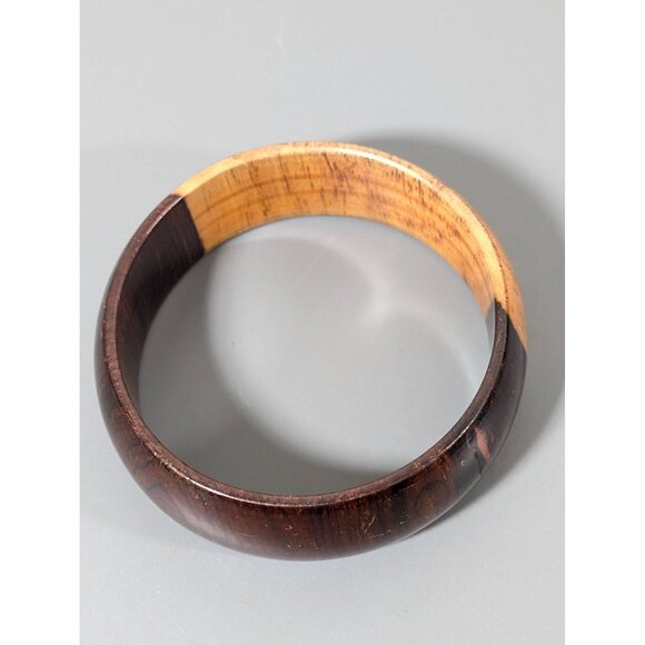 Retro Wood Bangle Bracelet Colorblock Light Dark 8.5 in Chunky Statement - Picture 2 of 6